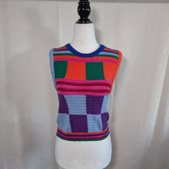 ZARA Knit Patchwork Sweater Vest Colorblock Cotton Size Small Eclectic Artsy - Picture 1 of 12
